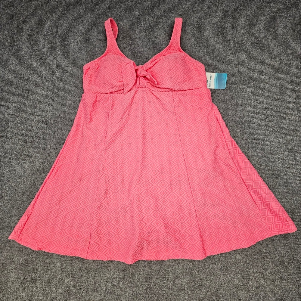 Swim Solutions Swim Dress Womens 8 Guava‎ Pink Bow Front Tummy Control New
